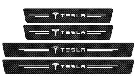 Защитная пленка (наклейка) накладка на пороги для Tesla Черный Карбон Плюс 4 шт 2482909687 фото